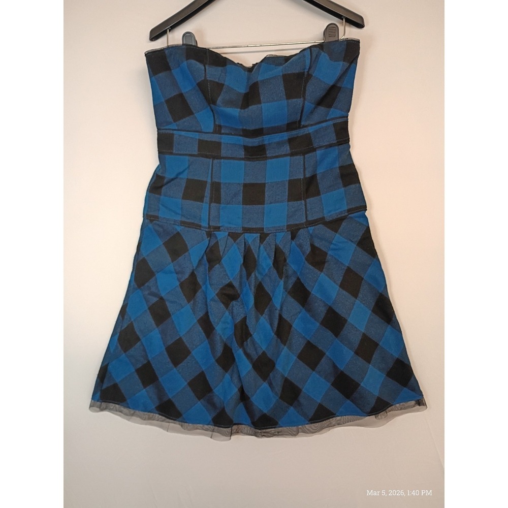 American Eagle Strapless Dress Blue Black Plaid Fit & Flare Size 6 Skater Buffal